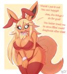  anthro biped breasts bunny_costume cleavage clothed clothing costume dialogue eeveelution female flareon fur generation_1_pokemon hi_res looking_at_viewer nintendo orange_body orange_fur pokemon pokemon_(species) snackbunnii solo tail 