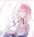  1girl :d blue_eyes commentary finger_to_cheek flower_(symbol) hair_between_eyes hair_ribbon hand_up highres honkai:_star_rail honkai_(series) index_finger_raised long_sleeves looking_at_viewer march_7th_(honkai:_star_rail) medium_hair open_mouth pink_eyes pink_hair ribbon seikan_no_momoge shirt simple_background smile solo symbol-only_commentary two-tone_eyes upper_body white_background white_shirt 