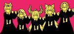  5girls :| animal_ears beret black_jacket black_necktie black_skirt bling-bang-bang-born_(creepy_nuts) blonde_hair bow closed_mouth collared_shirt colored_skin dancing expressionless fox_ears fox_girl hair_between_eyes hair_bow hairband hakui_koyori hands_up hat head_wings highres hololive horns jacket kazama_iroha la+_darknesss landl limited_palette long_hair long_sleeves looking_at_viewer mashle multicolored_hair multiple_girls necktie open_clothes open_jacket pink_background sakamata_chloe shirt short_hair sidelocks simple_background skirt straight-on streaked_hair takane_lui wings yellow_eyes yellow_shirt yellow_skin 