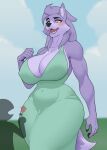  ambiguous_gender anthro big_breasts breasts canid canine canis cleavage clothed clothing dfaop dress duo female flower form_fitting fully_clothed fur green_clothing green_dress hair hi_res huge_breasts larger_female lucy_(cooliehigh) mammal plant purple_body purple_fur purple_hair size_difference tall tight_clothing wolf 