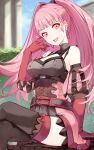  1girl :d absurdres bare_shoulders belt black_thighhighs blue_sky breasts bush corset crossed_legs earrings elbow_gloves fire_emblem fire_emblem:_three_houses gloves hand_up highres hilda_valentine_goneril hoop_earrings jewelry large_breasts long_hair looking_at_viewer open_mouth pink_eyes pink_hair red_belt red_gloves risumi_(taka-fallcherryblossom) sitting skirt sky smile solo thighhighs twintails very_long_hair 