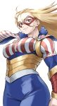  1girl absurdres american_flag american_flag_print blonde_hair boku_no_hero_academia brown_eyes domino_mask fengling_(furin-jp) flag_print highres long_hair looking_at_viewer mask muscular muscular_female simple_background solo star_(symbol) star_and_stripe_(boku_no_hero_academia) star_print striped_bodysuit striped_cape white_background 