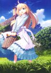  1girl absurdres ahoge apron artoria_pendragon_(fate) basket blonde_hair blue_sky chimney cloud fate_(series) grass green_eyes happy highres holding holding_basket light_blue_dress long_hair non-web_source official_art open_mouth outdoors saber_(fate) scan sky smile solo stone_wall takeuchi_takashi tree white_apron 