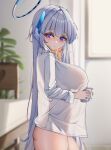  1girl absurdres blue_archive blurry blurry_background blush bottomless breasts cup from_side grey_hair halo headgear highres holding holding_cup indoors lanhua227 large_breasts long_hair looking_at_viewer looking_to_the_side mug noa_(blue_archive) purple_eyes see-through_silhouette shirt solo straight_hair very_long_hair white_shirt 