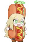  :d blonde_hair blue_archive green_eyes hair_between_eyes halo highres hot_dog hot_dog_costume insect_hair_ornament ketchup long_hair matangom matangomu-chan mustard original parody simple_background smile white_background 