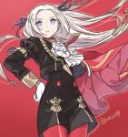  1girl absurdres ascot buttons cape commentary_request edelgard_von_hresvelg fire_emblem fire_emblem:_three_houses floating_hair forehead garreg_mach_monastery_uniform gloves hair_ribbon hand_on_own_hip highres juria0801 long_hair looking_at_viewer pantyhose purple_eyes purple_ribbon red_cape red_pantyhose ribbon solo twitter_username very_long_hair white_ascot white_gloves white_hair 