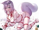  1girl animal_ears bikini blue_eyes blush bound bound_wrists breasts cleavage commentary_request commission dog_ears dog_girl dog_tail flower large_breasts long_hair looking_at_viewer lying on_side open_mouth original petals purple_hair red_ribbon revision ribbon skeb_commission smile solo swimsuit tail teeth upper_teeth_only white_bikini white_flower yayoi_maka 