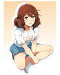 1girl blue_skirt brown_eyes brown_hair commentary green_panties hibike!_euphonium highres indian_style looking_at_viewer open_mouth oumae_kumiko panties pantyshot pleated_skirt sbel02 shirt short_hair simple_background sitting skirt smile socks solo symbol-only_commentary underwear white_shirt white_socks 