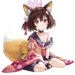  1girl aged_down animal_ear_fluff animal_ears black_choker black_gloves black_sailor_collar blue_archive brown_eyes brown_hair child choker commentary_request fingerless_gloves flat_chest floral_print fox_ears fox_girl fox_shadow_puppet fox_tail gloves halo highres izuna_(blue_archive) japanese_clothes kimono looking_at_viewer nanairo_(kim0116v) partially_fingerless_gloves pink_halo pink_kimono print_kimono sailor_collar school_uniform serafuku simple_background sitting solo tail white_background 