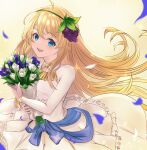  1girl absurdres ahoge blonde_hair blue_eyes blue_ribbon bouquet dress falling_petals food-themed_hair_ornament grape_hair_ornament hair_ornament highres holding holding_bouquet iris_(konosuba) jewelry kono_subarashii_sekai_ni_shukufuku_wo! long_dress long_sleeves looking_at_viewer misto_(nnvy3472) necklace open_mouth petals ribbon smile solo white_dress 