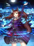  aircraft animal_ears arm_up bang_dream! black_skirt blue_bow blurry blurry_background bow brown_hair cape choker city cityscape collarbone cowboy_shot fangs floating_hair flower fox_ears fox_tail full_moon gigamessy green_eyes helicopter highres imai_lisa layered_skirt long_hair long_sleeves magic_circle moon night outdoors purple_cape red_flower red_rose rose skirt sky solo standing star_(sky) starry_sky tail twintails 