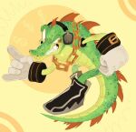  1boy artist_name black_footwear chain clenched_hand crocodile crocodilian dollar_sign english_commentary full_body furry furry_male gloves goblin_hound headphones male_focus solo sonic_(series) sonic_heroes vector_the_crocodile watermark white_gloves yellow_background yellow_eyes 