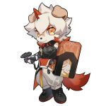  1boy arknights black_footwear black_shirt chibi colored_tips dan_(59736969) furry furry_male highres holding holding_shield horns hung_(arknights) komainu_boy komainu_ears komainu_tail looking_at_viewer male_focus multicolored_hair orange_eyes pants sample_watermark shield shirt single_horn sleeveless sleeveless_shirt smile watermark white_background white_pants 