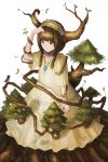  absurdres antlers armlet bird braid branch brown_eyes brown_hair commentary fantasy fjsmu flower forest hair_flower hair_ornament hairband hand_on_own_head highres jewelry leaf long_hair monster_girl nature no_legs original pendant roots simple_background smile solo tree twin_braids white_background 