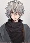  1boy absurdres bags_under_eyes black_sweater brown_eyes closed_mouth coat earrings ent2213 fate/grand_order fate_(series) fur_trim grey_background grey_coat grey_hair highres jewelry kadoc_zemlupus looking_at_viewer male_focus short_hair simple_background solo sweater upper_body 