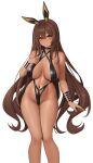  1girl alternate_costume animal_ears bare_shoulders blush breasts brown_eyes brown_hair cleavage closed_mouth dark-skinned_female dark_skin fake_animal_ears feet_out_of_frame goddess_of_victory:_nikke highleg highres large_breasts long_hair looking_at_viewer navel noir_(nikke) rabbit_ears sideboob simple_background smile solo standing thigh_gap thighs wei_xiao white_background 