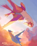  :d bbibebe blue_skin cloud colored_skin flying highres latias latios no_humans open_mouth outdoors pokemon pokemon_(creature) red_eyes red_skin sky smile yellow_eyes 