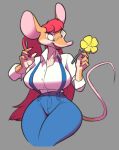  2018 4_fingers anthro big_breasts breasts clothing colored_nails crackiepipe denim female flower grey_background hair jeans long_hair mammal mouse open_mouth open_smile pants pink_nose plant red_hair rodent shirt simple_background small_waist smile solo suspenders tongue wide_hips 