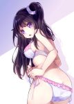  54hao ass bangs bare_arms bare_shoulders blush bra breasts brown_hair butt_crack commentary_request eyebrows_visible_through_hair fingernails hair_ornament highres large_breasts leaning_forward long_hair looking_at_viewer looking_back one_side_up open_mouth original panties purple_background purple_eyes see-through shadow side-tie_panties solo two-tone_background tying tying_panties underwear underwear_only very_long_hair white_background white_bra white_panties 