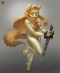  2018 amber_eyes anthro black_nose breasts brown_eyes canine claws digital_media_(artwork) dog feline female fur gosetsuki hair holding_object holding_weapon horn hybrid long_hair looking_at_viewer mammal melee_weapon melissa(hipcat) nipples nude simple_background smile solo standing sword tan_fur tan_hair toe_claws toes weapon 