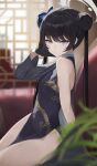 1girl absurdres black_dress black_gloves black_hair blue_archive blurry blurry_background breasts butterfly_hair_ornament double_bun dragon_print dress gloves grey_eyes grey_halo hair_bun hair_ornament halo highres indoors jiang_zhuti_jiojio kisaki_(blue_archive) long_hair looking_at_viewer pelvic_curtain sleeveless sleeveless_dress small_breasts solo thighs twintails 