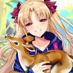  animal blonde_hair blue_sweater bow carrying collarbone day deer ereshkigal_(fate/grand_order) eyebrows_visible_through_hair fate/grand_order fate_(series) floating_hair grin hair_bow head_tilt heroic_spirit_traveling_outfit holding holding_animal long_hair looking_at_viewer outdoors red_bow red_eyes shiny shiny_hair smile solo sweater upper_body very_long_hair yaoshi_jun 