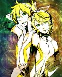  1boy 1girl aqua_eyes arm_warmers bare_shoulders blonde_hair blue_eyes bow brother_and_sister clothing_cutout detached_sleeves hair_ornament hair_ribbon hairclip headphones kagamine_len kagamine_len_(append) kagamine_rin kagamine_rin_(append) kiki_(kikiloid) leg_warmers navel ribbon short_hair shorts siblings smile thighhighs twins vocaloid vocaloid_append 