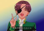  1990s_(style) 1boy chinese_clothes closed_eyes earrings eyepatch hayato_suou highres jewelry kosame31 open_mouth red_hair retro_artstyle school_uniform short_hair smile solo upper_body wind_breaker_(nii_satoru) 