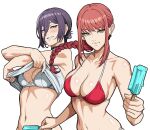  2girls absurdres bare_arms bare_shoulders bikini bikini_under_clothes black_choker blush braid braided_ponytail breasts chainsaw_man choker cleavage clenched_teeth closed_mouth dual_wielding floating_hair food green_eyes half-closed_eyes highres holding holding_food large_breasts long_hair looking_at_viewer makima_(chainsaw_man) medium_breasts melting mikey_pie multiple_girls navel orange_eyes popsicle red_bikini red_hair reze_(chainsaw_man) ringed_eyes shiny_skin shirt simple_background stomach swimsuit teeth undressing upper_body white_background white_bikini white_shirt 
