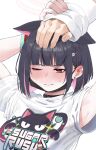  1boy 1girl 3; animal_ears armpits arms_up black_choker black_hair blue_archive blunt_bangs blush bob_cut bracelet cat_ears cat_girl choker close-up colored_inner_hair commentary_request earrings embarrassed english_text extra_ears halo headpat highres holding_hands jewelry kazusa_(band)_(blue_archive) logo long_sleeves lonklink looking_at_viewer mask mask_on_head mouth_mask multicolored_hair official_alternate_costume one_eye_closed out_of_frame parted_lips print_shirt red_eyes sensei_(blue_archive) shirt short_hair short_sleeves sidelocks simple_background surgical_mask sweatdrop t-shirt two-tone_hair white_background white_shirt 