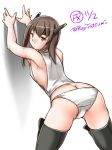  armpits ass boots brown_eyes brown_hair butt_crack dated from_behind headgear kantai_collection looking_at_viewer panties shirt short_hair sleeveless sleeveless_shirt solo taihou_(kantai_collection) tatsumi_ray thigh_boots thighhighs twitter_username underwear white_panties 