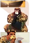  2022 absurd_res anthro bear beard black_bear black_body black_fur black_hair booboo34 brown_bear brown_body brown_fur camo camo_clothing camo_jacket camo_print chair cheek_scar chest_markings chest_scar claws cliff_zoloto clothing comic duo electronics ellipsis eye_scar eyewear facial_hair facial_scar finger_claws fur furniture glasses green_eyes hair hi_res holding_document holding_object holding_paper holding_pen holding_phone jacket looking_at_document looking_at_object looking_at_paper looking_at_phone male mammal markings military_uniform moon_bear neck_scar office on_chair paper pattern_clothing pen phone scar simon_zoloto sitting sitting_on_chair thinking topwear uniform ursine white_body white_fur yellow_eyes 