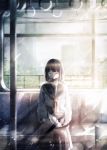  amenomori_howa black_hair bob_cut building closed_eyes commentary crying fence lens_flare light_particles original sad school_uniform see-through serafuku short_hair sitting solo sunlight tears train_interior tree window 