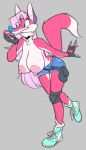  2018 anthro areola big_breasts blue_eyes blue_nose breasts canine clothed clothing collar collar_tag crackiepipe denim_shorts denisse female fingerless_gloves fox gloves grey_background guide_lines hair knee_pads long_hair mammal nipples pink_hair pouch shorts simple_background smile sneakers solo topless 