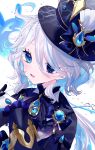  1girl ascot asymmetrical_gloves blue_ascot blue_brooch blue_eyes blue_gemstone blue_hair blue_hat blue_jacket colored_inner_hair drop-shaped_pupils from_side furina_(genshin_impact) gem gen_arare genshin_impact gloves hair_between_eyes hands_up hat heterochromia highres jacket kodona lolita_fashion long_hair long_sleeves mismatched_gloves mismatched_pupils multicolored_hair open_mouth solo symbol-shaped_pupils top_hat upper_body water wavy_hair white_background white_hair 