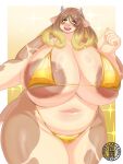 absurd_res anthro areola areola_slip artist_logo big_areola big_breasts bikini blonde_hair border bovid bovine breasts brown_hair cattle clothing curvy_figure dark_nipples female glistening glistening_body gold_bikini grey_horn hair hi_res horn huge_areola huge_breasts hyper hyper_breasts logo long_hair mammal micro_bikini multicolored_hair navel open_mouth overweight overweight_female pink_nose sasanoha6011 solo standing swimwear tail thick_thighs two_tone_hair voluptuous white_border wide_hips