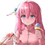  2girls absurdres blue_eyes blush bocchi_the_rock! cube_hair_ornament double_scoop food gotoh_hitori hair_ornament highres holding holding_food holding_ice_cream holding_jewelry holding_ring ice_cream ice_cream_cone jacket jewelry kita_ikuyo multiple_girls pink_hair pink_jacket pink_track_suit ring simple_background sklt_(swyt8223) track_jacket white_background yuri 