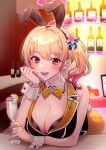  1girl :d akikuriii animal_ears bar_(place) blonde_hair blush bow bowtie breasts bunny_garden champagne_flute cleavage commentary_request cup detached_collar drink drinking_glass earrings fake_animal_ears fake_tail flower gradient_hair hair_flower hair_ornament holding holding_drink jewelry large_breasts leaning_forward long_hair multicolored_hair pink_hair playboy_bunny rabbit_ears rabbit_tail red_eyes rin_(bunny_garden) side_ponytail smile solo tail wrist_cuffs yellow_bow yellow_bowtie 