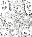  3girls ambrosia_(dungeon_meshi) animal_ears bow crossover dungeon_meshi ear_covers elf garyuu_ryuuga gloom_(expression) greyscale hat hat_bow highres hishi_miracle_(umamusume) holding holding_staff horse_ears marcille_donato monochrome multiple_girls open_mouth pointy_ears staff sweep_tosho_(umamusume) umamusume upper_body witch_hat 