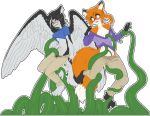 aisty_(mancoin) alpha_channel amber_(mancoin) anthro bottomwear breasts canid canine canis clothing domestic_dog duo eyewear feathered_wings feathers female fox foxyverse glasses grope husky kdraws mammal nordic_sled_dog pants shirt simple_background small_breasts spitz tentacles topwear underwear wings