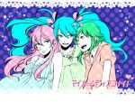  alternate_costume aqua_eyes aqua_hair bare_arms blue_eyes casual copyright_name dress food green_eyes green_hair gumi hatsune_miku kiki_(kikiloid) long_hair megurine_luka pasta pink_hair short_hair smile song_request spaghetti sundress translation_request twintails vocaloid 