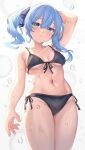  1girl absurdres aoi_zerii arm_at_side arm_behind_head arm_up bikini black_bikini blue_eyes blue_hair blush breasts closed_mouth groin hair_ribbon high_side_ponytail highres hololive hoshimachi_suisei navel ribbon small_breasts solo star_(symbol) star_in_eye stomach swimsuit symbol_in_eye thighs virtual_youtuber water wet 