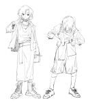  2girls belt bocchi_the_rock! boots closed_mouth commentary greyscale hands_on_own_hips hashtag-only_commentary highres ijichi_nijika jacket monochrome multiple_girls open_clothes open_jacket pants shinota12 shirt short_hair side_ponytail skirt socks standing sweater_vest yamada_ryo 