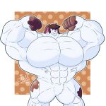 1:1 2024 5_fingers abs absurd_res anthro biceps big_muscles biped border brown_hair brown_markings fingers flexing flexing_bicep flexing_both_biceps fur fur_markings hair hi_res huge_muscles hyper hyper_muscles lagomorph leporid looking_at_viewer male mammal markings mott_the_moth muscular nude null pecs prince_(princebun) purple_eyes quads rabbit signature simple_background solo standing white_body white_border white_fur