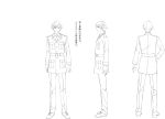  ahoge character_sheet from_behind frown full_body hand_on_hip kyoudou_granbird lineart majiro_(mazurka) male_focus military military_uniform monochrome multiple_views necktie official_art senjuushi:_the_thousand_noble_musketeers short_hair standing translation_request transparent_background turnaround uniform 