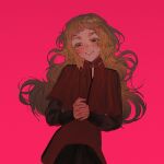  1girl brown_hair curly_hair eip_190 eyelashes gnosia grey_eyes hair_between_eyes highres kukrushka_(gnosia) long_hair long_sleeves looking_at_viewer pink_background shirt short_hair simple_background smile solo upper_body wavy_hair 