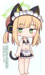  1girl absurdres animal_ear_headphones animal_ears apron bare_arms bare_shoulders barefoot bikini bikini_top_only black_bikini black_skirt blonde_hair blue_archive blue_bow blush bow chibi closed_mouth collarbone fake_animal_ears full_body green_eyes hair_bow halo hana_kazari headphones highres looking_at_viewer midori_(blue_archive) midori_(maid)_(blue_archive) navel simple_background skirt solo standing swimsuit translation_request twintails waist_apron white_apron white_background 