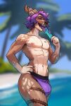 anthro antlers big_bulge brown_body brown_fur bulge clothed clothing deer ear_piercing femboy food front_view fur hair hand_on_hip hi_res horn industrial_piercing jockstrap jockstrap_only leg_tattoo licking_popsicle male mammal muscular muscular_anthro outside piercing poofroom popsicle purple_hair shirtless solo standing tattoo topless underwear underwear_only water wet