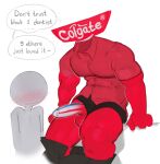 ambiguous_gender anthro balls blush bodily_fluids bottomwear clothed clothing colgate_(toothpaste) digital_media_(artwork) duo erection floating_head genitals hi_res humanoid kogito male male/ambiguous muscular muscular_male not_furry partially_clothed pecs penis simple_background sweat topwear ych_(character)