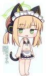  1girl absurdres animal_ear_headphones animal_ears apron bare_arms bare_shoulders barefoot bikini bikini_top_only black_bikini black_skirt blonde_hair blue_archive blue_bow blush bow chibi collarbone commentary_request fake_animal_ears full_body green_eyes hair_bow halo hana_kazari headphones highres looking_at_viewer midori_(blue_archive) midori_(maid)_(blue_archive) navel open_mouth simple_background skirt solo standing swimsuit translation_request twintails waist_apron wavy_mouth white_apron white_background 